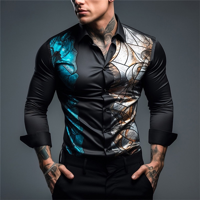 Men's Color Block Geometry Shirt Button Up Shirt Long Sleeve Abstract Outdoor Street Casual Daily Fall & Winter Turndown Buttons Print Black Dark Navy Blue Dark Blue