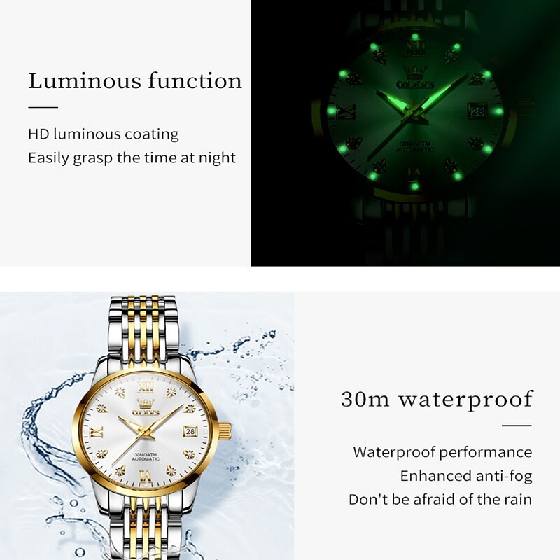 OLEVS 6673 Fashion Business Silver Stainless Steel Women Mechanical Watches Top Brand Luxury Waterproof Automatic Watch3