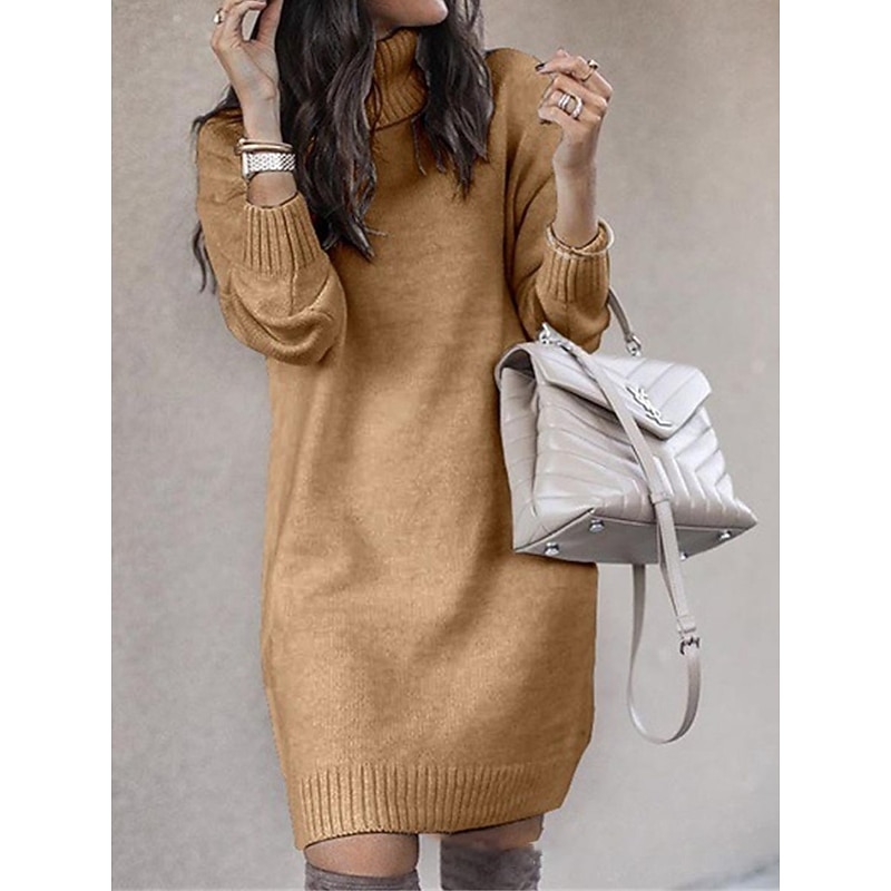 Women's Sweater Dress Stylish Casual Soft Solid Color Ribbed Turtleneck Knitted Long Sleeve Long Tops Knit Outdoor Daily Going out White Yellow Fall Winter