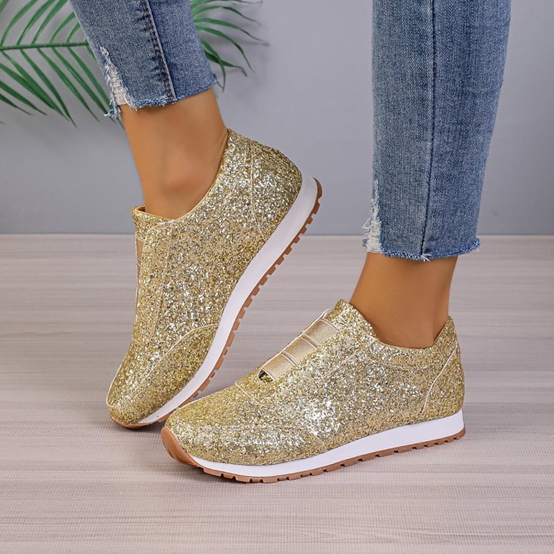 Women's Gold Glitter Slip-On Sneakers – Sparkly Casual Walking Shoes for Fashion & Everyday Wear