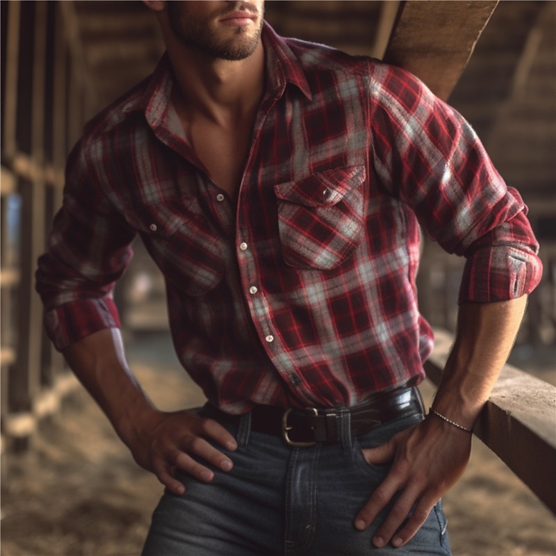 Men's Plaid Shirt Western Shirt Cowboy Shirt Long Sleeve Business Western Style Outdoor Street Casual Daily Fall & Winter Turndown Buttons Print Red Gray2