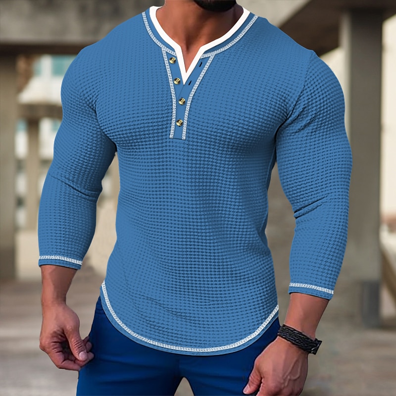 Men's T shirt Tee Waffle Henley Shirt Henley Shirt Tee Top Long Sleeve Shirt Color Block Henley Street Vacation Long Sleeve Patchwork Clothing Apparel Fashion Designer Basic - Main Image