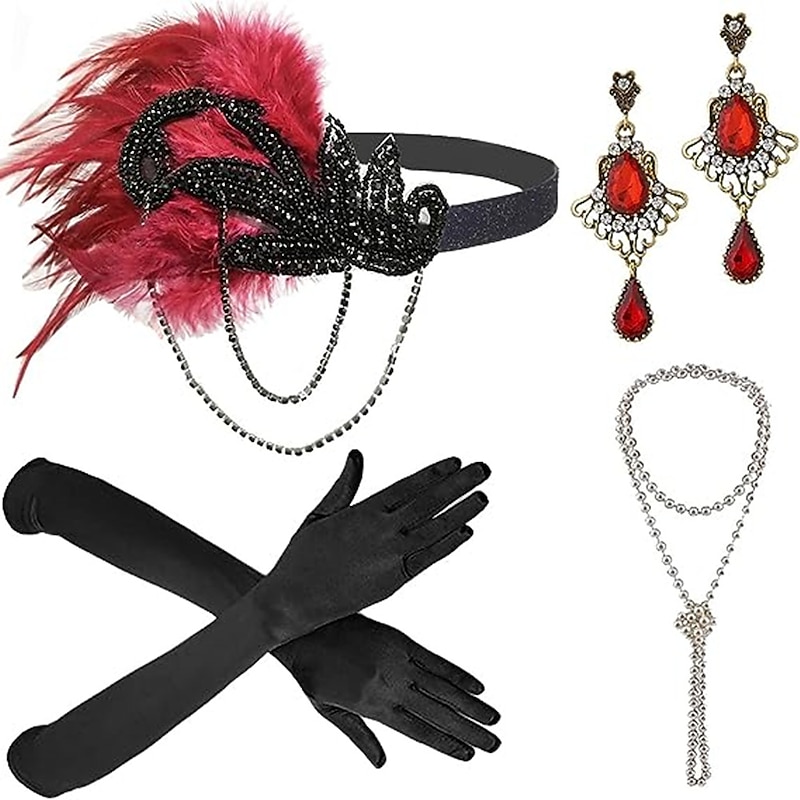 1920s Accessories Set for Women Flapper Accessory Great Gatsby Costume Headband Flapper Necklace 20s Gloves2