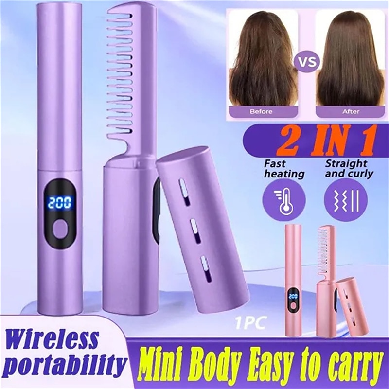 2IN1 Lazy Hair Straightener Wireless Hair Hot Comb Mini USB Rechargeable Straightener Curly Hair Stick Fast Heating Straightening Brush for Home Trave-1PC