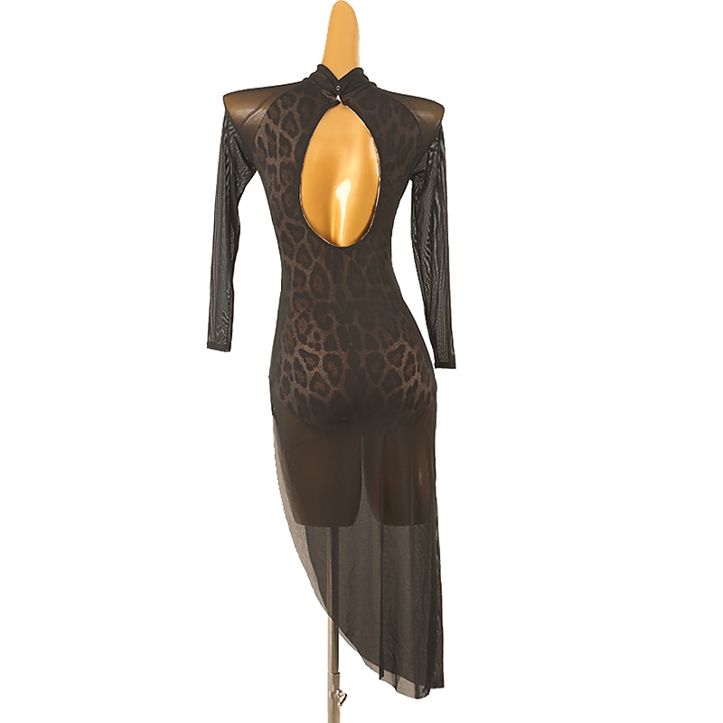 Dance Salsa Latin Dance Dress Leopard Print Tulle Women's Training Long Sleeve High Spandex Tulle4