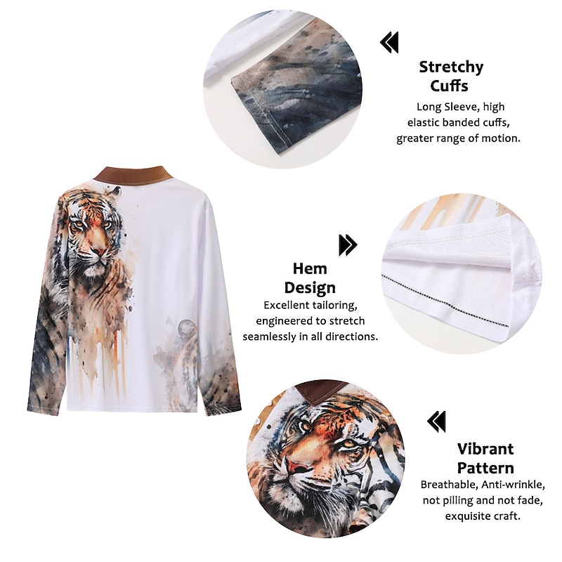 Men's Tiger Golf Shirt Long Sleeve Polo Shirts Collared Shirts Casual Funny Streetwear Vacation Wear Party Outfits 3D Print Buttons Fall & Winter Red Blue Sky Blue3