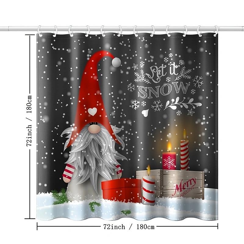 Gray Background Elf Bathroom Shower Curtain, Cute Christmas Snowflake Pattern Shower Curtain, Winter Christmas Holiday Bathroom Curtain, With 12 Plastic Hooks4