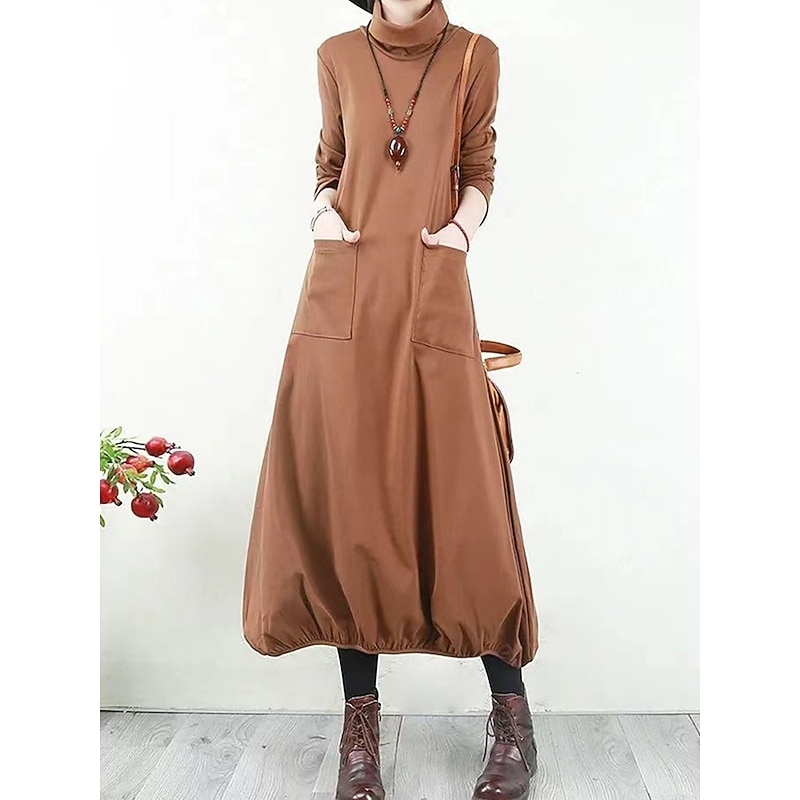 Women's Black Dress Long Dress Maxi Dress Polyester Ruched Pocket Daily Date Active Fashion Turtleneck Long Sleeve Black Wine Khaki Color2