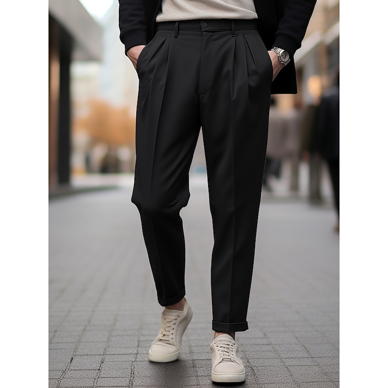 Men's Graduation Dress Pants Trousers Pleated Pants Suit Pants Pocket Plain Comfort Breathable Outdoor Daily Going out Fashion Casual Black Brown2