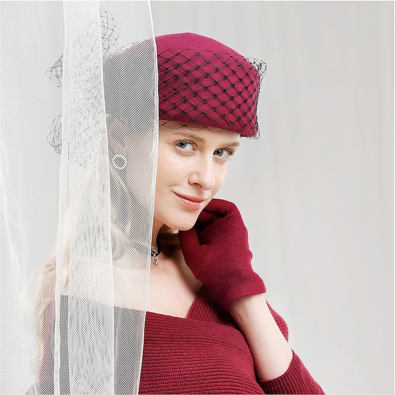 Hats 100% Wool Beret Hat Fedora Hat Casual Cocktail Elegant Wedding With Pure Color Tulle Headpiece Headwear2