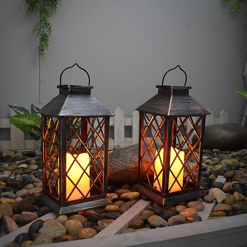 Vintage Solar Pendant Lamp Hollow Solar Portable Lamp Outdoor Courtyard Lamp Decorative Lamp Candle Lamp 1PC for Halloween