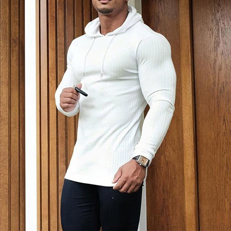 Men's T Shirt Muscle Shirt Ribbed Knit tee Long Sleeve Shirt Long Sleeve Hooded Summer Plain Fashion Streetwear Cool Outdoor Daily Going out Black White Gray Top Tee for Men2