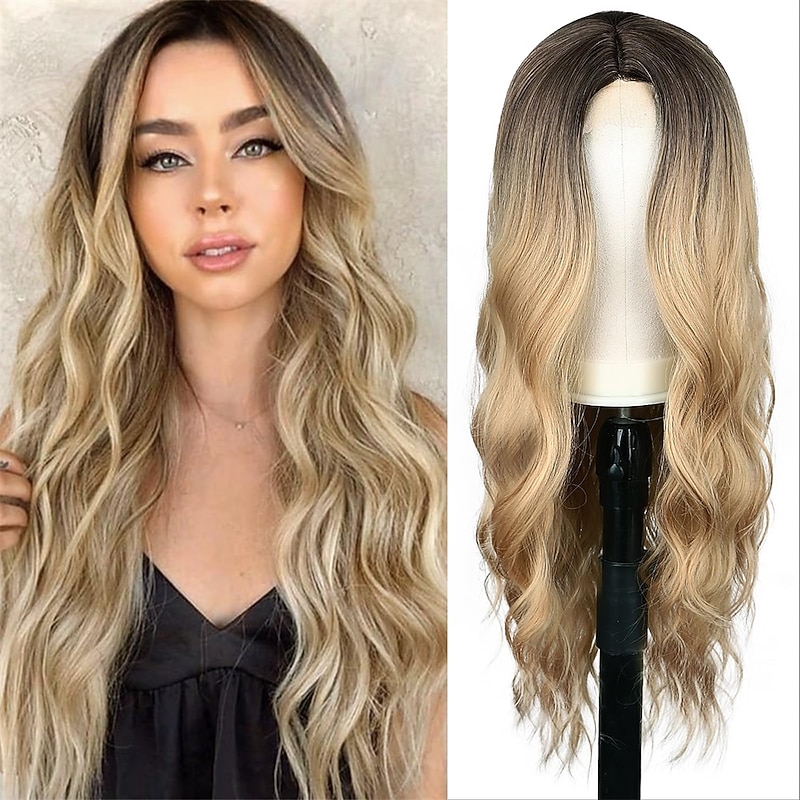 Ombre Blonde Wig Long Blonde Wavy Wigs for Women 26 Inch Middle Part Natural Curly Synthetic Wig Heat Resistan Fiber Wig for Daily Party Use