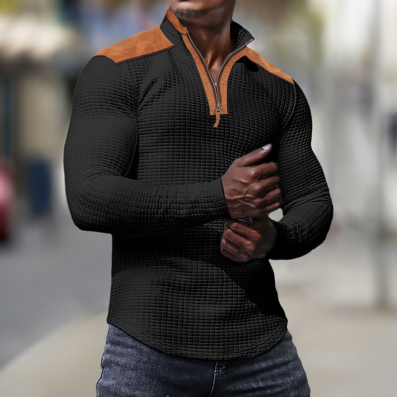 Men's Waffle Tee Waffle Shirt T Shirt Tee Top Long Sleeve Standing Collar Spring &  Fall Color Block Fashion Designer Basic Patchwork Quarter Zip Vacation Street Going out Black White Navy Blue Top2