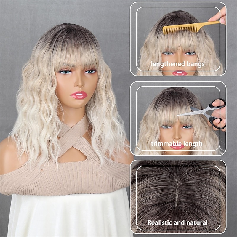 Short Platinum Blonde Wig for Women 14Inch Platinum Ombre Blonde Wig with Bangs Natural Synthetic Platinum Blonde Wavy Wig for Cosplay Halloween Daily3