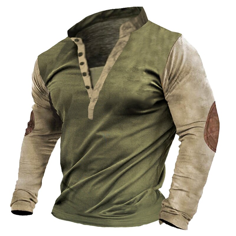 Men's Button T Shirt T Shirt Henley Shirt Tee Top Long Sleeve Standing Collar Spring &  Fall Color Block Slim Pleated Vintage Designer Basic Patchwork Vacation Street Going out Army Green Top Tee for
