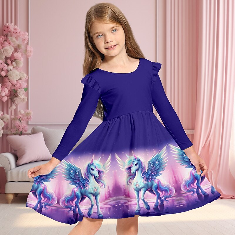 Girls' 3D Galaxy Unicorn Ruffle Dress Long Sleeve 3D Print Fall Winter Vacation Sports & Outdoor Daily Cute Casual Beautiful Kids 4-12 Years Casual Dress A Line Dress Above Knee Regular Fit3