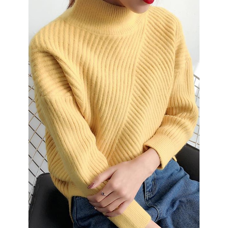 Women's Pullover Sweater Jumper Stand Collar Ribbed Knit Spandex Yarns Patchwork Split Fall Winter Regular Outdoor Daily Going out Stylish Casual Soft Long Sleeve Solid Color Black White Yellow2