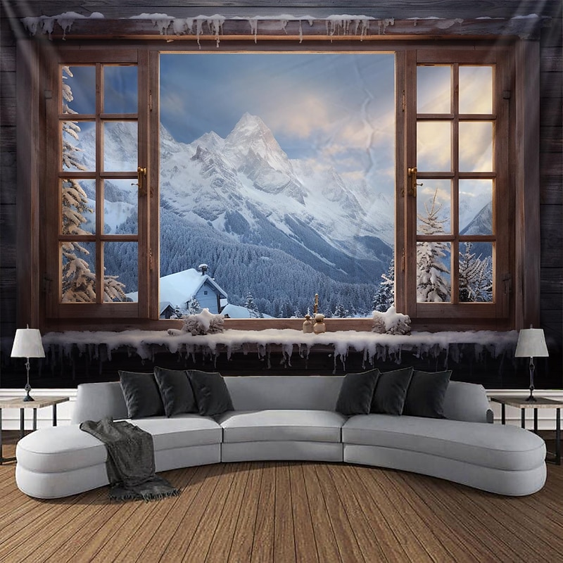 Window Snow Mountain Hanging Tapestry Wall Art Large Tapestry Mural Decor Photograph Backdrop Blanket Curtain Home Bedroom Living Room Decoration3
