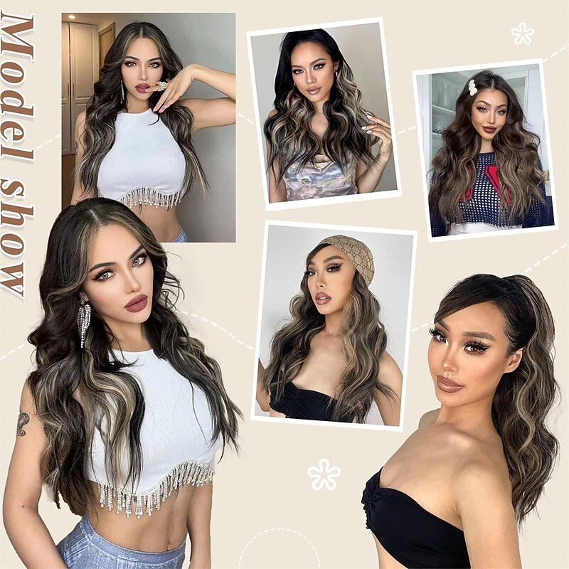 Clip in Hair Extensions Black Mix Blonde (Black with Blonde Highlights) Hairpieces for Women Long Wavy Hair Extensions Synthetic3