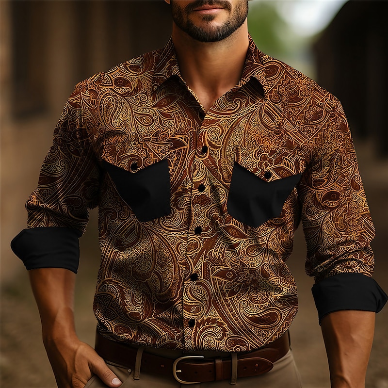 Men's Shirt Western Shirt Cowboy Shirt Long Sleeve Vintage Outdoor Street Casual Daily Fall & Winter Turndown Buttons Print Blue Brown Gray
