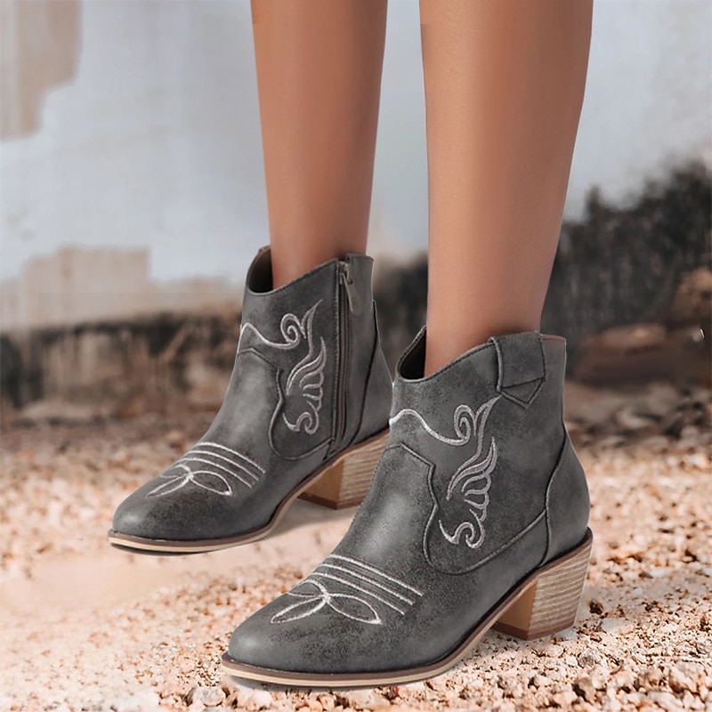 Women's Brown Faux Leather Western Ankle Boots with Embroidered Details, Vintage Style Cowboy Boots for Rodeo and Casual Wear4