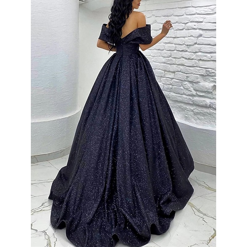 A-Line Prom Dresses Elegant Dress Black Tie Gala Sweep / Brush Train Short Sleeve Off Shoulder Sequined with Glitter Pleats3