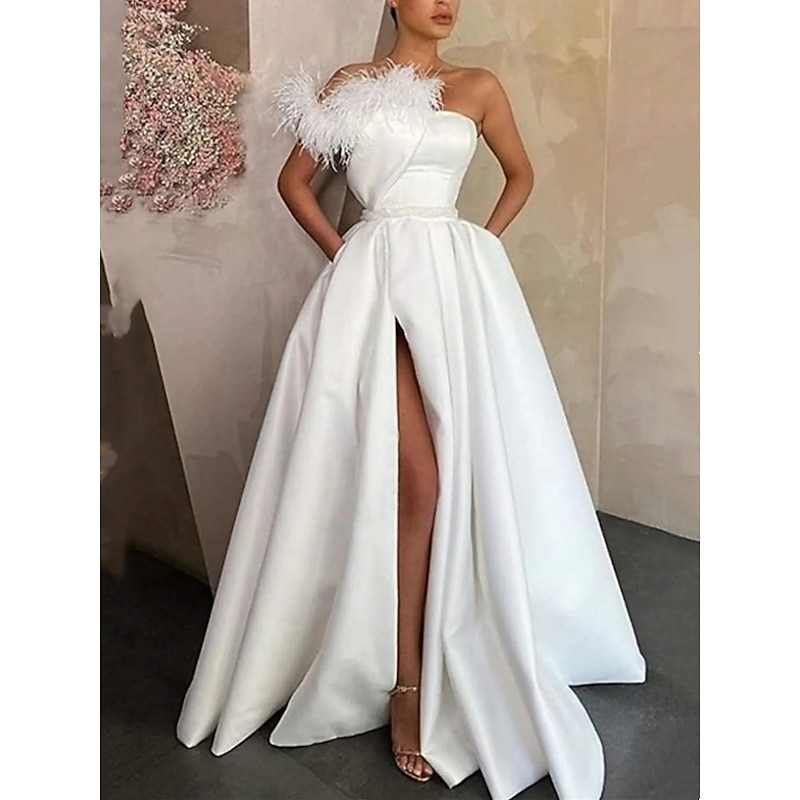 A-Line Black Evening Gown High Split Dress Formal Floor Length Sleeveless One Shoulder Satin with Feather Slit3