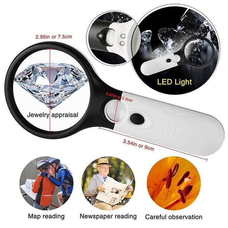 New Upgrade 3X 45X Handheld Magnifier 3 LED Light Reading Magnifying Glass Jewelry Repair Tool Jewellery Loupe 11