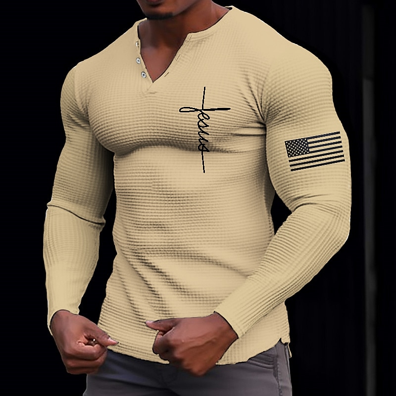 Men's Graphic Cross Henley Shirt Waffle T Shirt Long Sleeve 3D Print Fashion Designer Casual Sports Outdoor Holiday Festival Spring &  Fall Black White Yellow Green Gray Henley Henley T-Shirt2