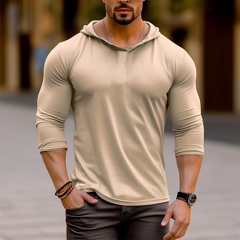 Men's Hoodies Tee Top Long Sleeve Shirt Long Sleeve Plain Fashion Designer Basic Hooded Hooded Vacation Street Going out Summer Black White Khaki Henley T-Shirt - Main Image