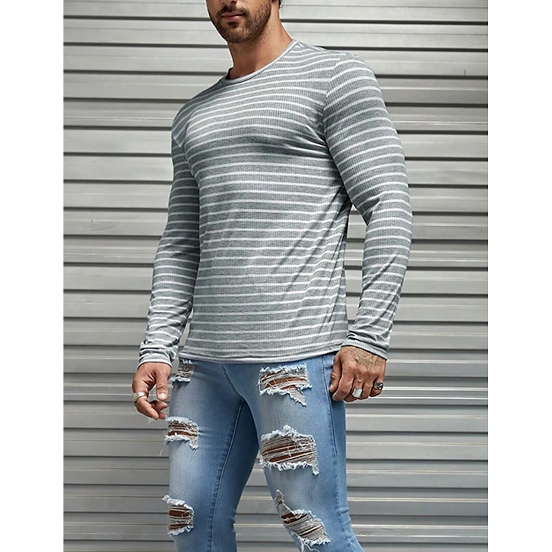 Men's T Shirt Tee Top Long Sleeve Shirt Long Sleeve Crew Neck Spring &  Fall Striped Fashion Designer Basic Vacation Street Going out Gray Top Tee for Men3