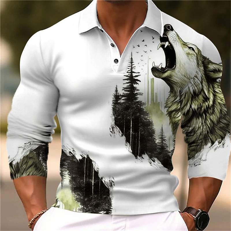 Men's Wolf Polo Shirts Golf Shirt Long Sleeve Polo Shirts Collared Shirts Casual Funny Vacation Wear Party Outfits 3D Print Buttons Fall & Winter Black Yellow Blue3