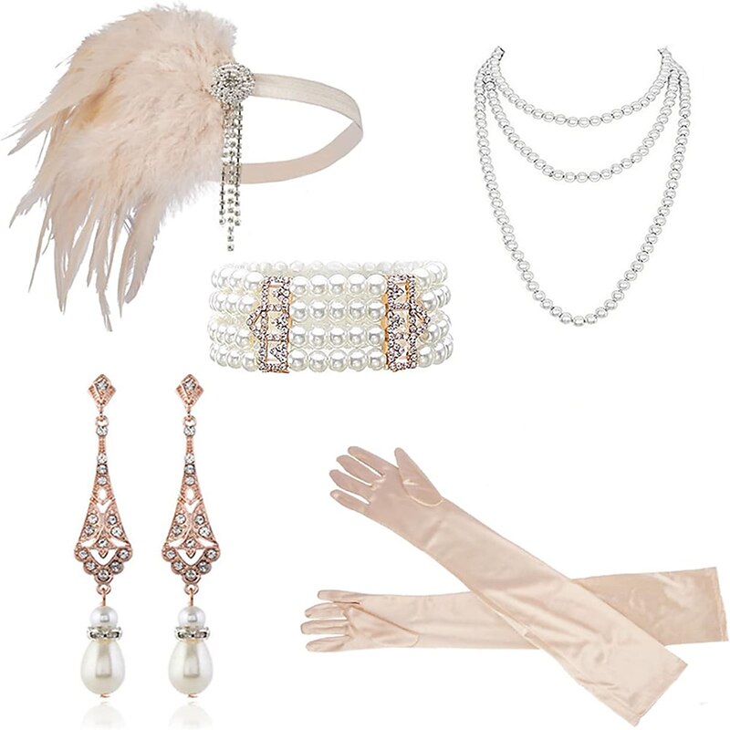 1920s Flapper Accessories Set Gatsby Costume Accessories 20s Flapper Headband Pearl Necklace Gloves Holder