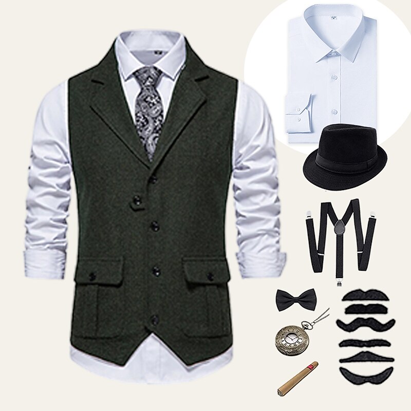 Retro Vintage Roaring 20s 1920s Outfits Shirt Waistcoat Normal Gentleman Gangster Solid Color Fancy Dress Men's Halloween Carnival New Year Party / Evening Prom Bachelorette Party Adults' Vest Shirt3