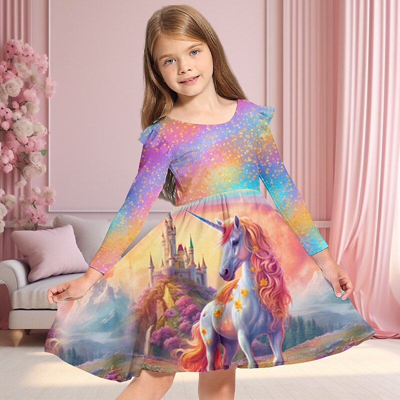 Girls' 3D Galaxy Unicorn Ruffle Dress Long Sleeve 3D Print Fall Winter Vacation Sports & Outdoor Daily Cute Casual Beautiful Kids 3-12 Years Casual Dress A Line Dress Above Knee Regular Fit3