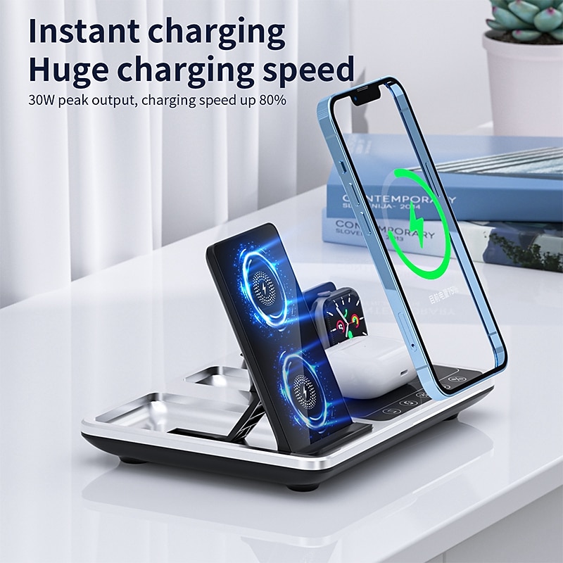 Wireless Charger 30W Output Power Wireless Charging Station Foldable Charging Station CE Certified Fast Wireless Charging MagSafe 4 in 1 For Compatible with any wireless charging enabled devices3