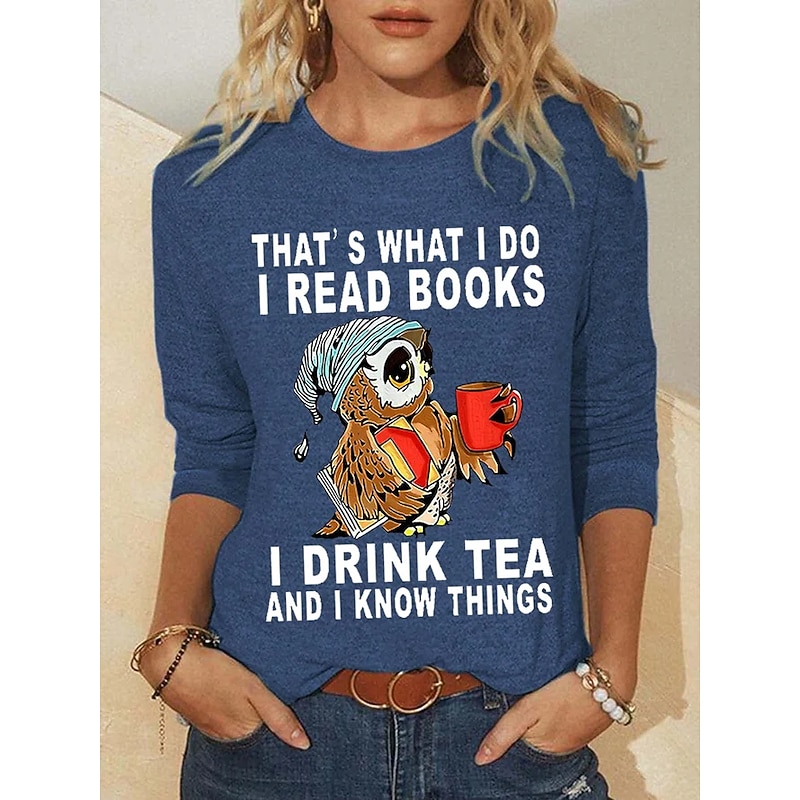 Women's T shirt Long Sleeve Owl Letter Fashion Long Sleeve Round Neck Regular Tops Daily Weekend Print Black Red Blue Green Khaki Spring & Fall Spring, Fall, Winter,  Prefall2