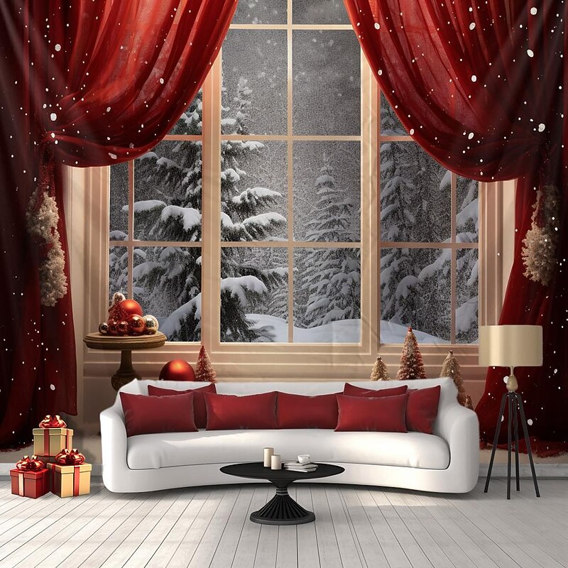 Christmas Decorations Tree Window Winter Hanging Tapestry Wall Art Xmas Large Tapestry Mural Decor Photograph Backdrop Blanket Curtain Home Bedroom Living Room Decoration3