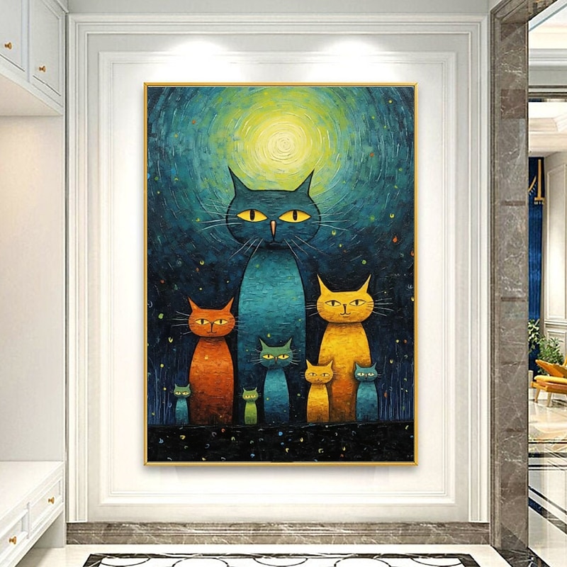 Handmate Oil PaintingCanvasWall Art DecorationAbstract Knife PaintingVan Gogh Style Starry Catfor Home Decor Rolled Frameless Unstretched Painting4