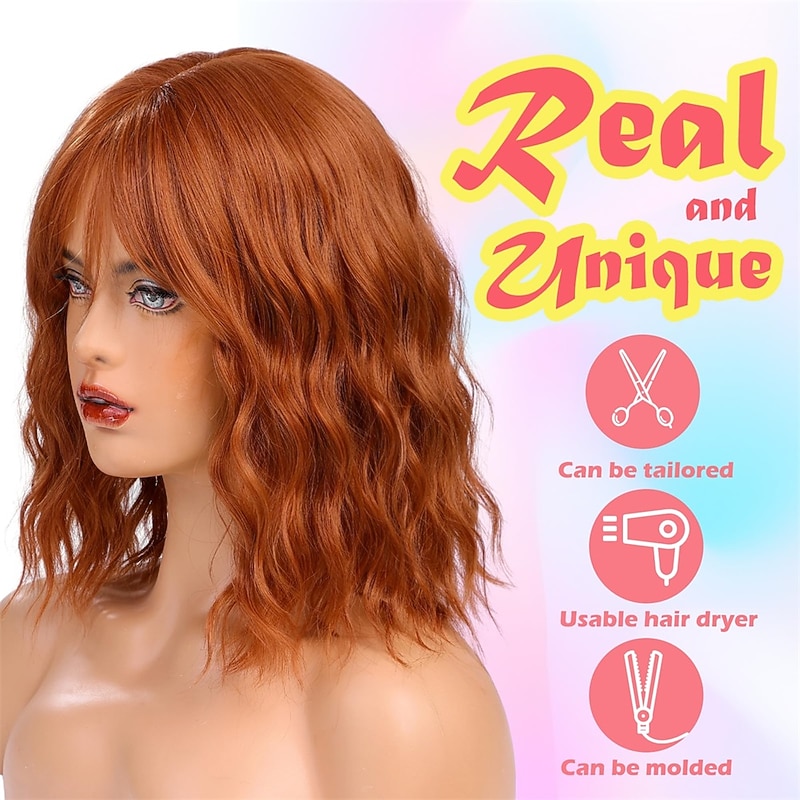 Auburn Bob Wigs for Women Synthetic Wavy Curly Hair Wig with Bangs for Daily Use Christmas Party Wigs4