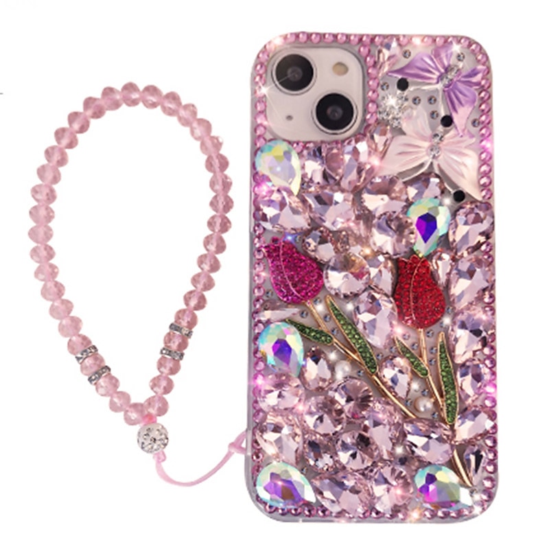 Luxury Rhinestone Floral Case with Beaded Lanyard for iPhone 16e 15 Pro Max Plus 14 13 12 11 Pro Max Mini X XR XS Max 8 7 6 SE – Bling Crystal Full Back Cover4