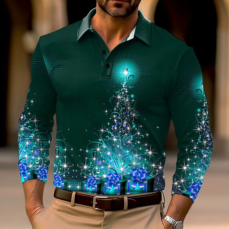 Christmas Men's Christmas tree 3D Polo Tree Casual Golf Long Sleeve Outdoor Casual Daily Streetwear Fall & Winter 3D Print Turndown Wine Blue Dark Green Micro-elastic Polyester4