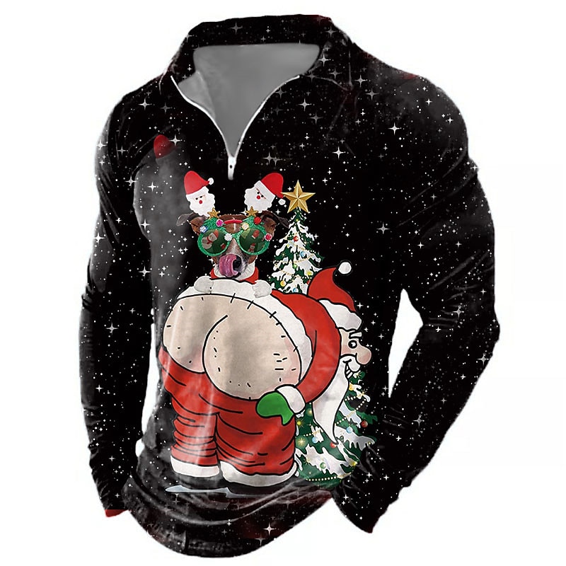 Christmas Men's Santa Claus 3D Zipper Polo Santa Claus Casual Print 3D Zip Golf Outdoor Casual Daily Streetwear Polyester Long Sleeve Turndown Zip Shirts Black Wine Fall & Winter S M L Micro-elastic3