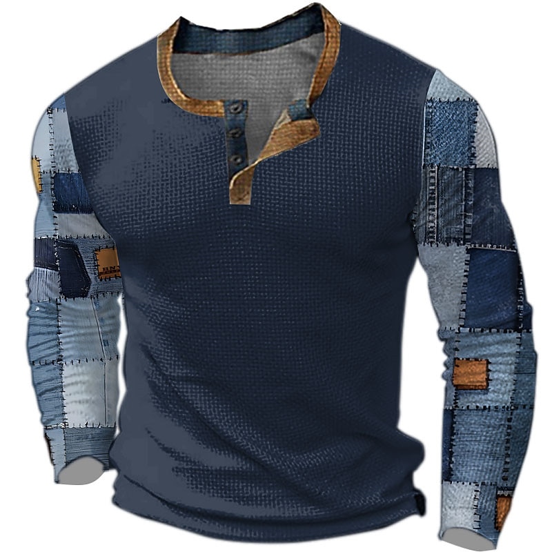 Men's Graphic Plaid Color Block Henley Shirt Waffle T Shirt Long Sleeve 3D Print Designer Casual Vintage Retro Sports Outdoor Holiday Festival Spring &  Fall Black Navy Blue Khaki Gray Henley Henley