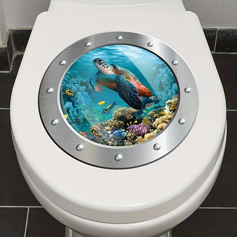 1pc 3D Turtle Toilet Sticker, Undersea Fake Submarine Window Pattern, Self-Adhesive Toilet Lid Decals3