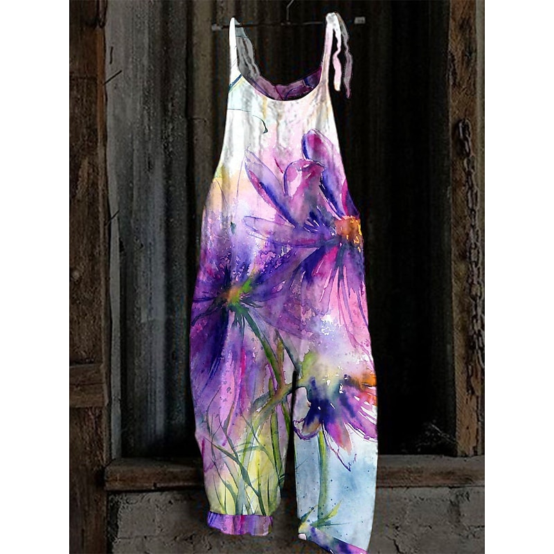 Women's Overall Floral Active Going out Weekend Straight Loose Fit Strap White Pink Red S M L Spring4