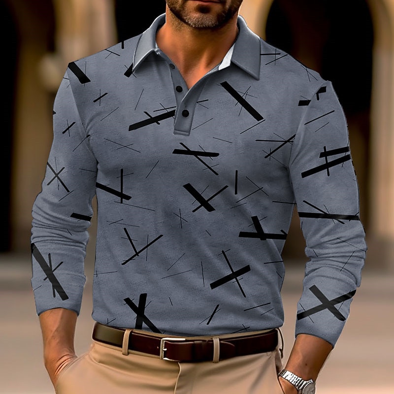 Men's Geometric Polo Shirts Golf Shirt Long Sleeve Polo Shirts Collared Shirts Business Casual WorkWear Formal Wear Festival Wear 3D Print Buttons Fall & Winter Blue Green Khaki3