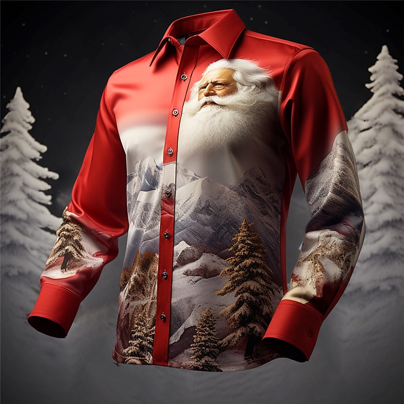 Christmas Men's Santa Claus Printed Shirts Santa Claus Mountain Casual Outdoor Street Fall & Winter Turndown Long Sleeve Yellow Red Dark Navy S M L Shirt