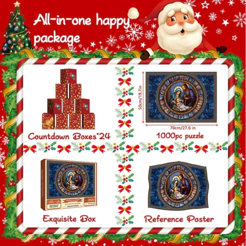 Advent Calendar 2024,Nativity Scene Jigsaw Puzzle 1000 Pieces,Puzzles Jigsaw Countdown Calendar for Christmas Gifts,24 Boxes Puzzles for Countdown, Belen Decoration3